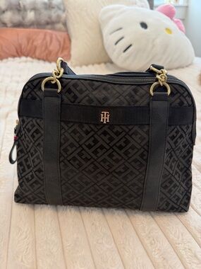 Tommy Hilfiger Black Monogram Satchel with Gold Hardware